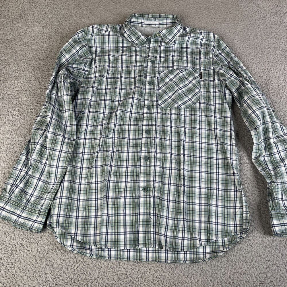 COLUMBIA Shirt Mens M Green Plaid Button Roll Tab Vented Pocket Outdoor Hiking